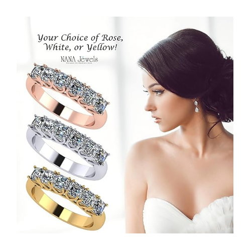 NANA Jewels Asscher Cut Simulated Diamond Ring 1.00ctw 6 Stone Wedding Band, Sterling Silver 10K/14K Gold