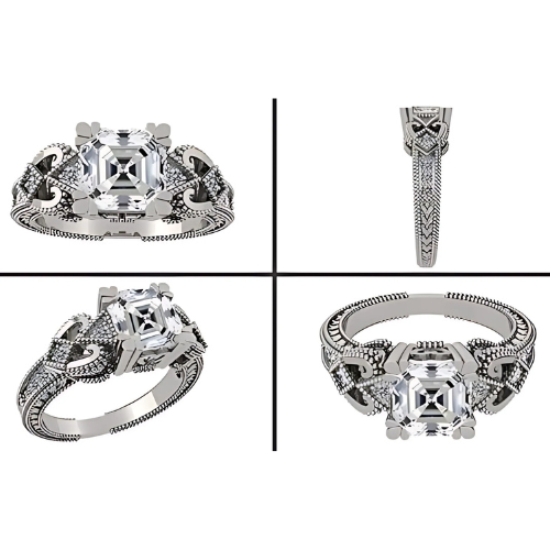 Asscher cut diamond alternative ring on display.