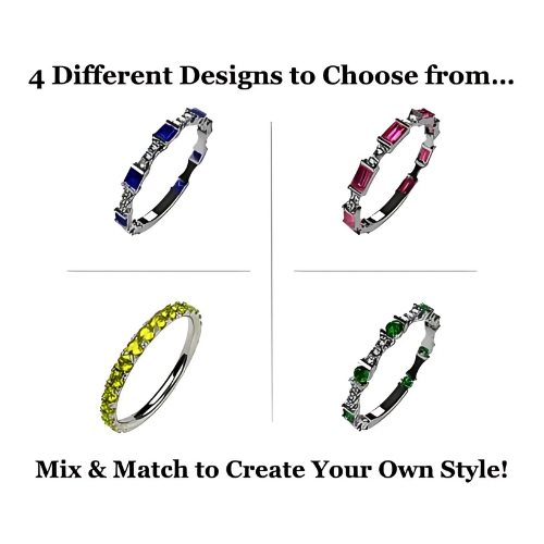 Central Diamond Center Baguette Stackable Birthstone Ring Band w/ Simulated Birthstones, Sterling Silver