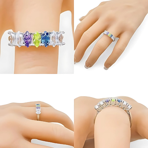 Central Diamond Center Marquise Cut Lucita Mothers Rings w/ 1 to 7 Simulated Birthstones in Sterling Silver, 10K or 14K Gold