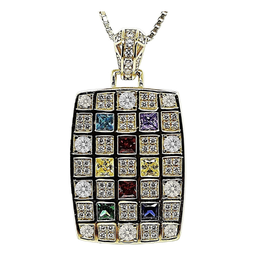 Central Diamond Center Dog Tag Mother's Necklace w/ 1 to 8 Simulated Birthstones in Silver, 10K, or 14K Gold