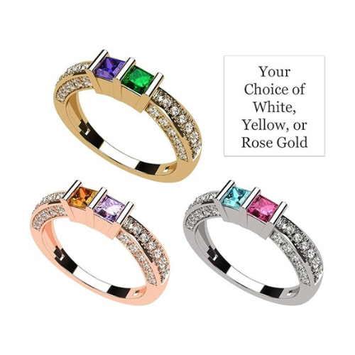 Central Diamond Center Princess Cut Birthstone Couples Ring w/CZs on 3 Sides, Sterling Silver, 10K, or 14K Gold
