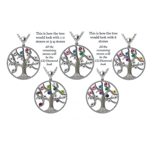 Mothers Tree of Life Birthstone Necklace w/ 1-13 Simulated Gemstones & CZ Bezel in Silver, 10K, 14K Gold