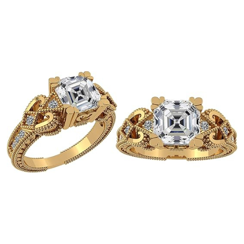 Central Diamond Center Asscher Cut Engagement Ring Pure Brilliance Zirconia, Vintage & Antique Look, Sterling Silver, 10K or 14K Gold