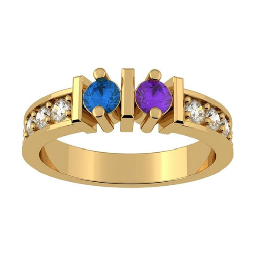 Central Diamond Center Straight Bar w/ Sides Couples 2 Stone Ring w/ Simulated Birthstones Silver or 10K, 14K Gold