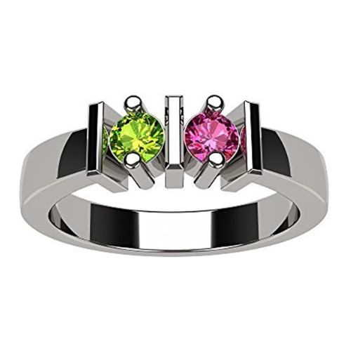 Central Diamond Center Straight Bar Couples 2 Stone Ring w/ Simulated Birthstones in Sterling Silver, 10K or 14K Gold