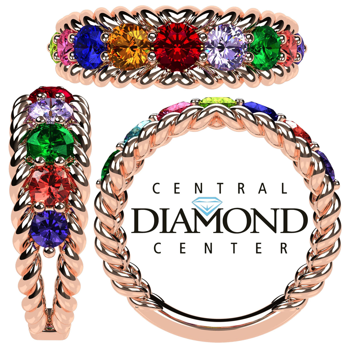 Central Diamond Center Rope Mothers Birthstone Ring with 1 to 10 Simulated Birthstones, Sterling Silver, 10K or 14K Gold