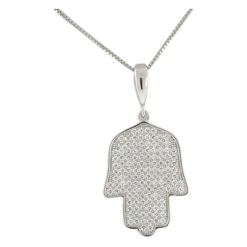 Central Diamond Center Simulated Diamonds Halo Hamsa Pendant Sterling Silver and box chain