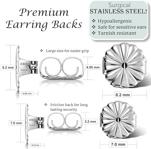 Central Diamond Center Oversized Earring Backs –4 Pairs 7mm & 8.2mm Universal Replacement Hypoallergenic