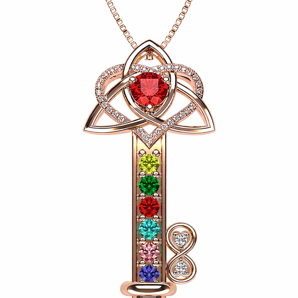 Key to Infinity Love Mother & Child Necklace w/ 1-7 Birthstones in Silver, 10K, or 14K Gold