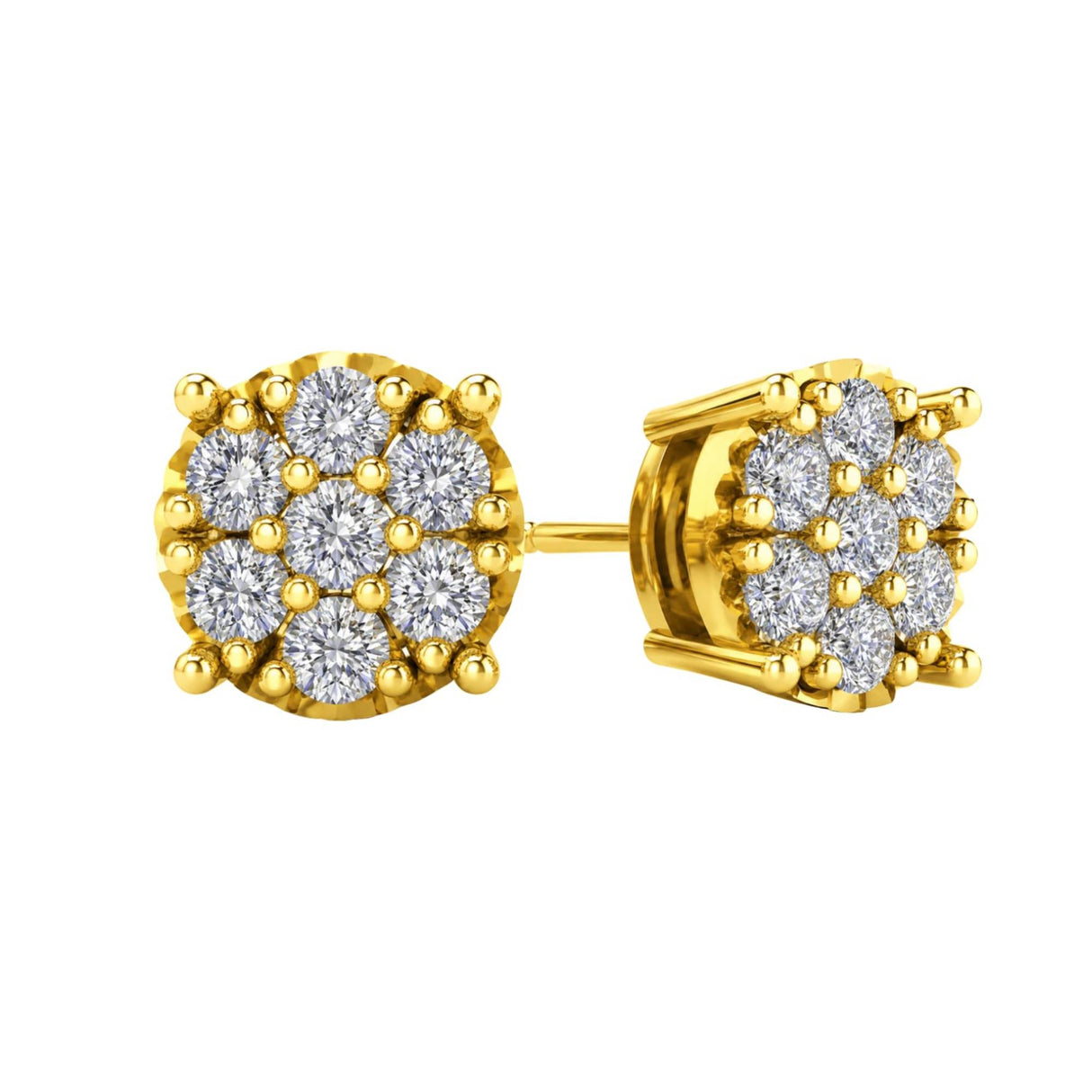 Diamond Stud Earrings CVD Lab Grown Diamonds solid 14K post & Silver basket, 7 or 9 Stone Cluster