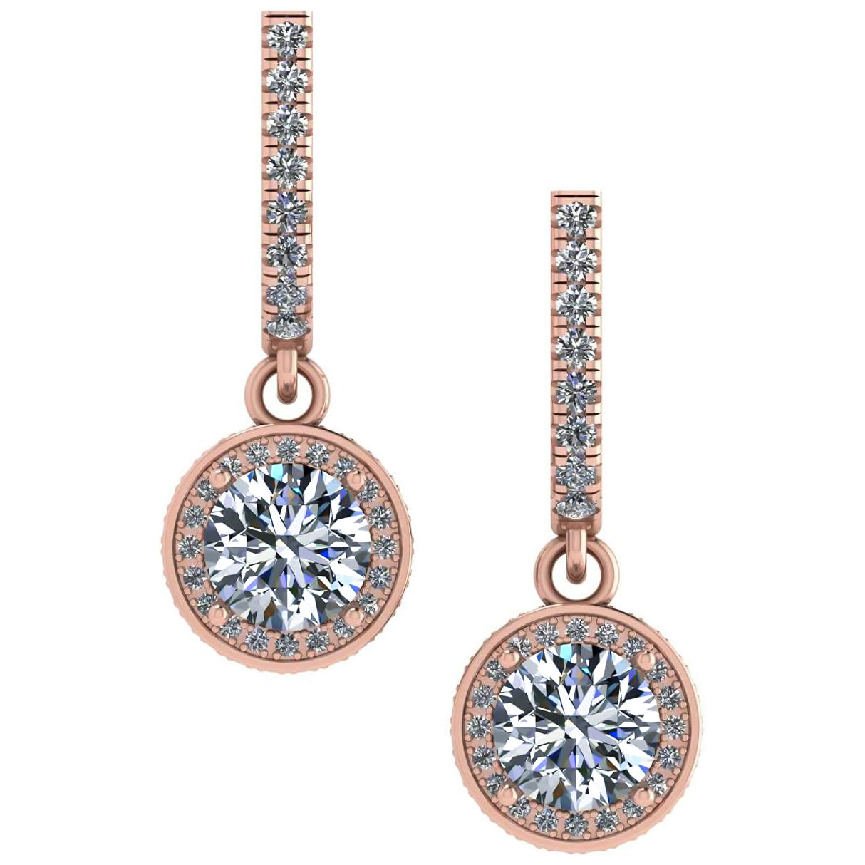 Sterling silver halo birthstone earrings on display.