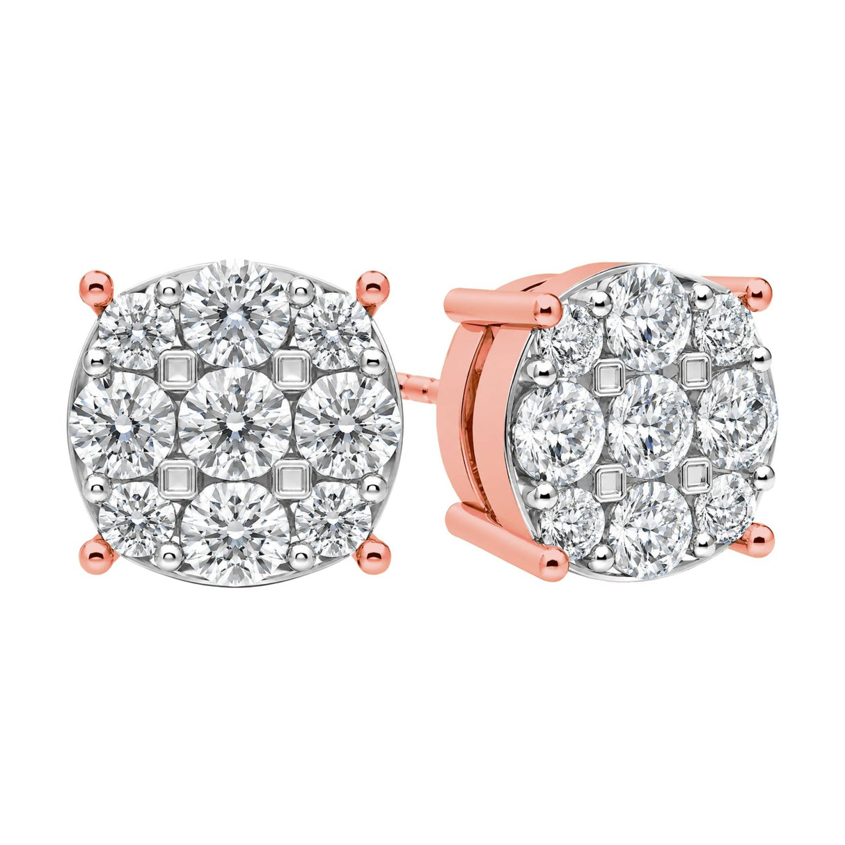 Diamond Stud Earrings CVD Lab Grown Diamonds solid 14K post & Silver basket, 7 or 9 Stone Cluster