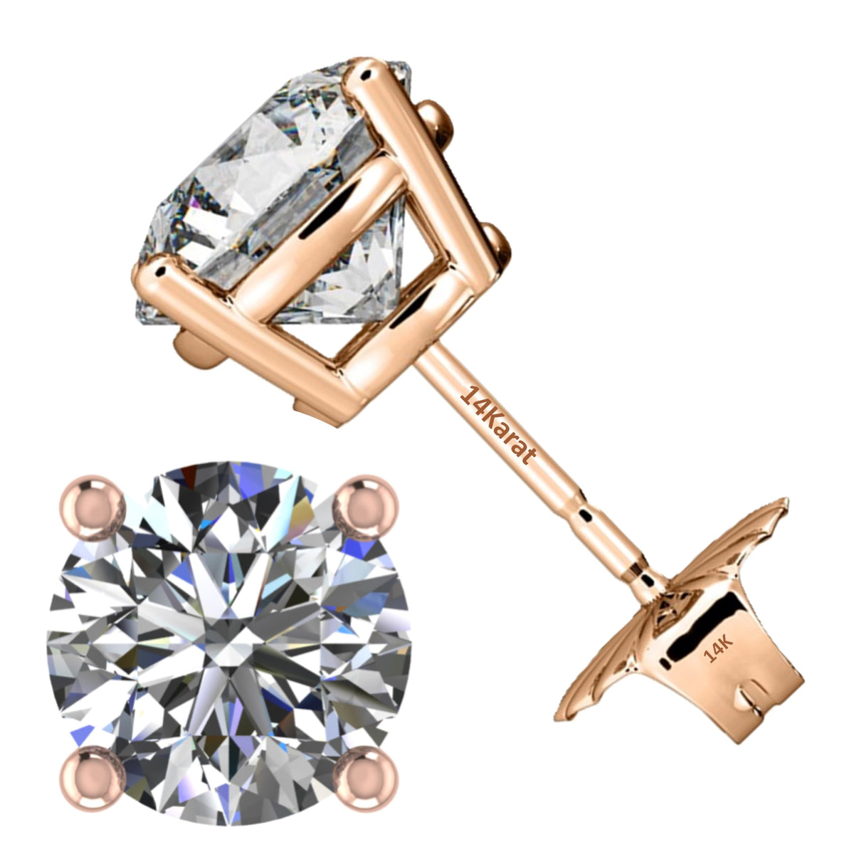 Central Diamond Center Round Cut CVD Lab-grown Diamond Stud Earrings 14K solid Gold from 0.20ct to 2.00ct E-F VS-SI