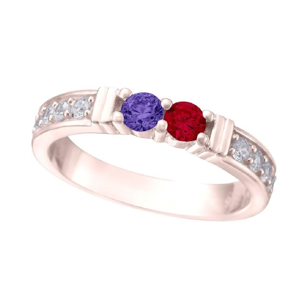 Central Diamond Center Shared Prong w/ Sides Couple 2 Stone Ring w/ Simulated Birthstones in Silver, 10K or 14k Gold