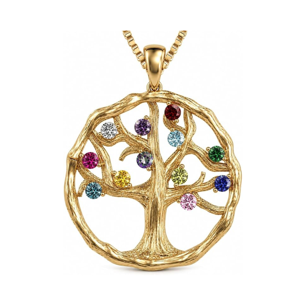 Central Diamond Center Tree of Life Mothers Birthstone Necklace in Silver-10K or 14K Gold. Up to 12stones