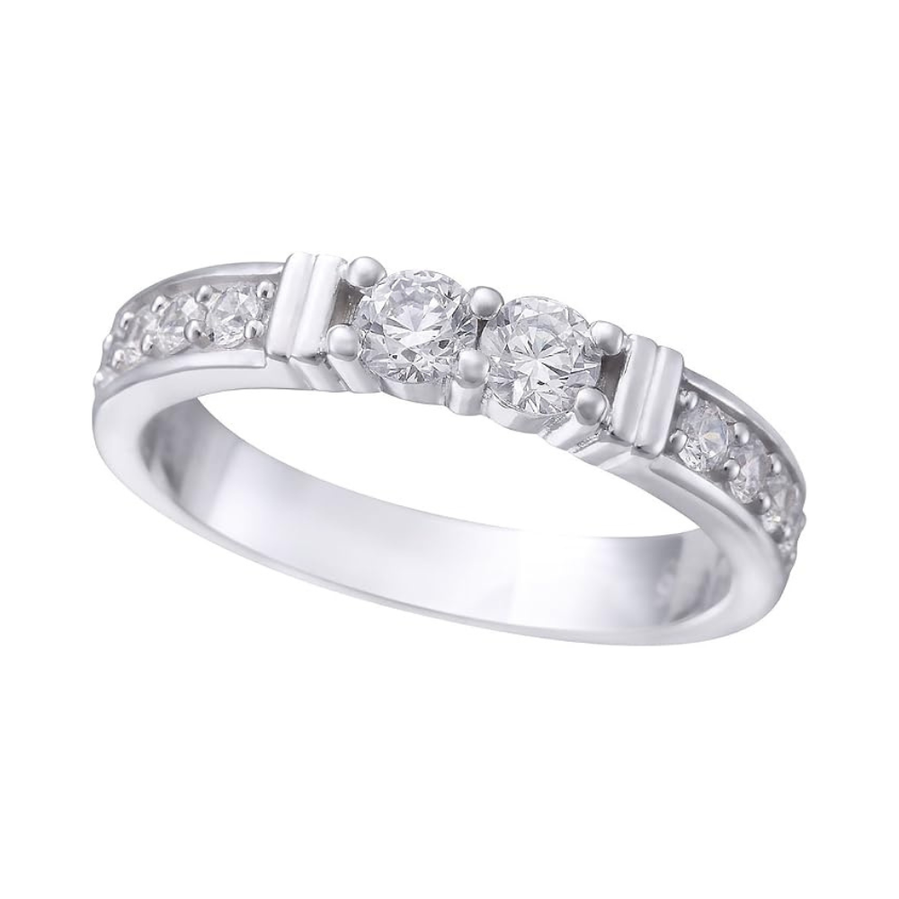 Central Diamond Center Shared Prong w/ Sides Couple 2 Stone Ring w/ Simulated Birthstones in Silver, 10K or 14k Gold