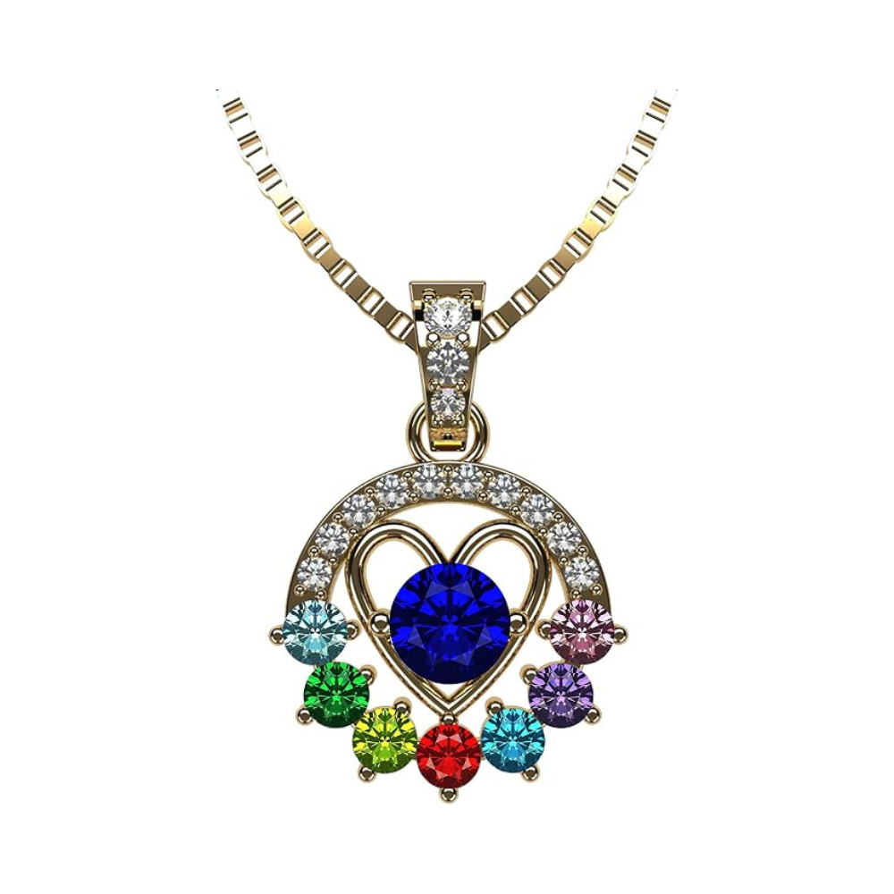 Central Diamond Center Heart in Circle Birthstone Mothers Necklace w/ 1-7 Simulated Gemstones in Solid Sterling Silver for Women