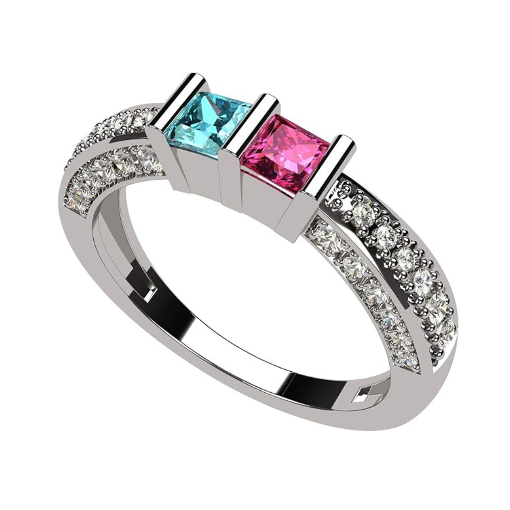 Central Diamond Center Princess Cut Birthstone Couples Ring w/CZs on 3 Sides, Sterling Silver, 10K, or 14K Gold