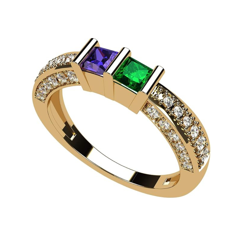 Central Diamond Center Princess Cut Birthstone Couples Ring w/CZs on 3 Sides, Sterling Silver, 10K, or 14K Gold