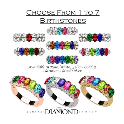 Central Diamond Center Oval Cut Lucita Mothers Rings w/ 1 to 7 Simulated Birthstones in Sterling Silver, 10K or 14K Gold