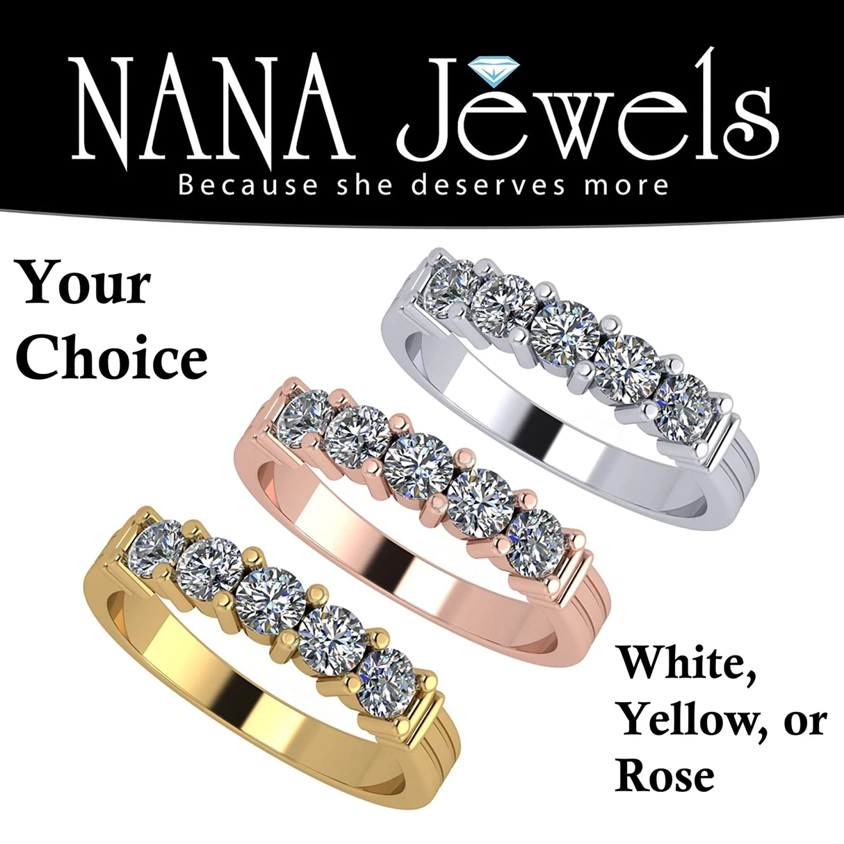 NANA Jewels Simulated 5 Stone 1carat Diamond Engagement Ring Wedding Ring CZ-Silver-10K or 14k Gold