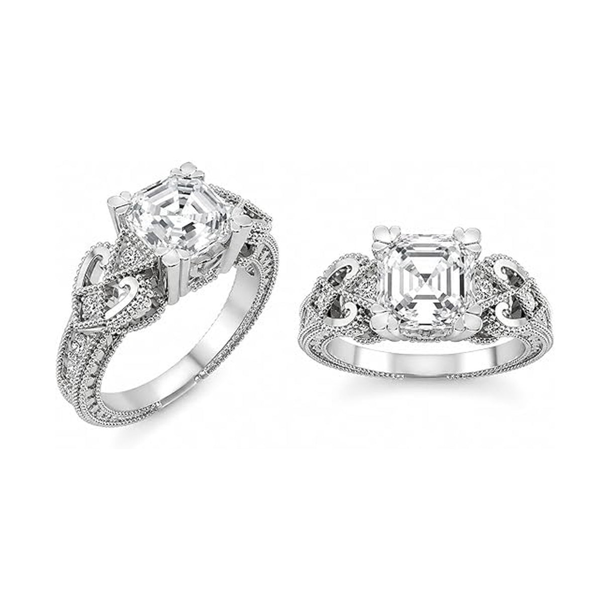 Central Diamond Center Asscher Cut Engagement Ring Pure Brilliance Zirconia, Vintage & Antique Look, Sterling Silver, 10K or 14K Gold