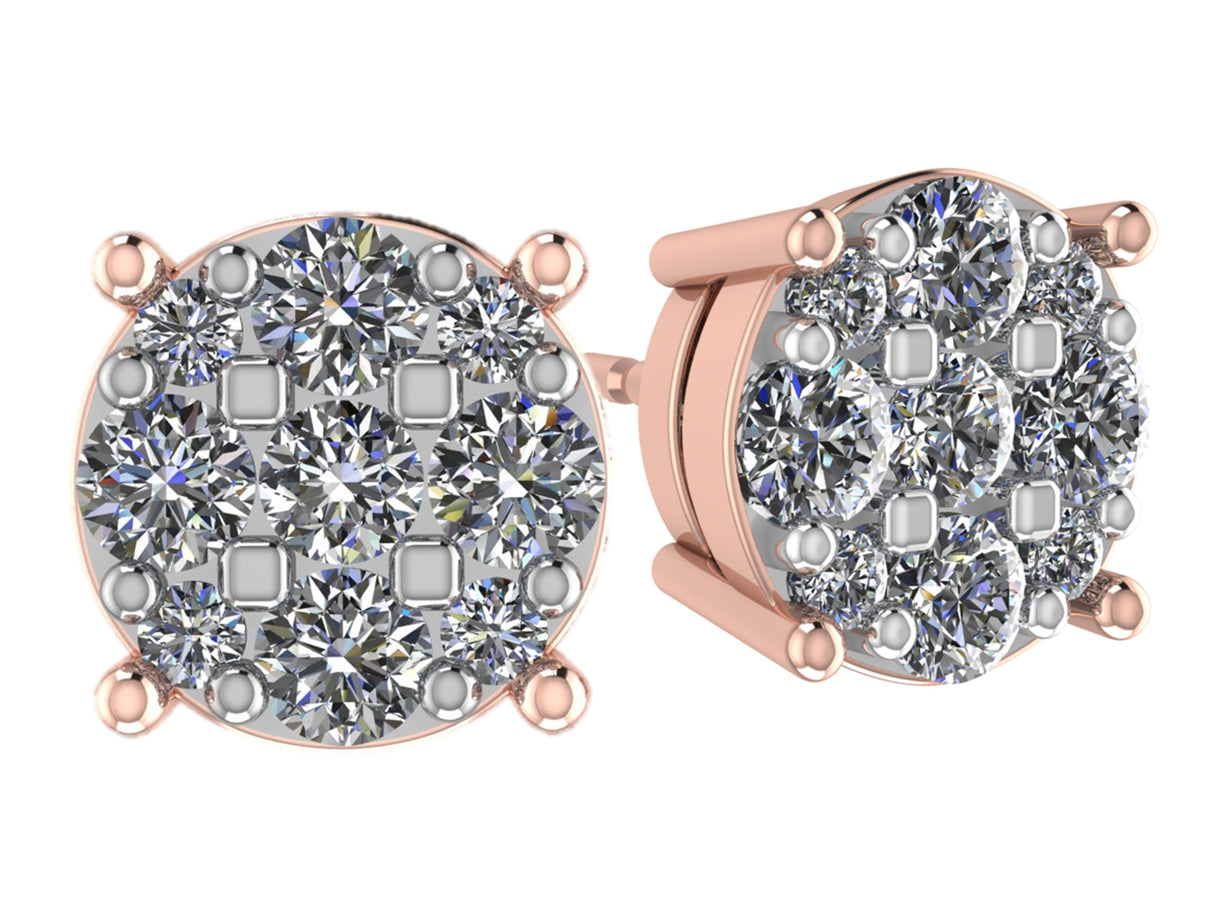 Diamond Stud Earrings CVD Lab Grown Diamonds solid 14K post & Silver basket, 7 or 9 Stone Cluster
