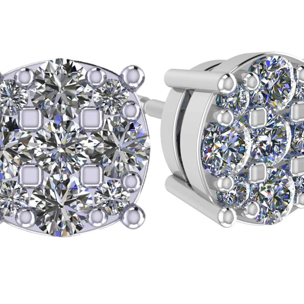 Diamond Stud Earrings CVD Lab Grown Diamonds solid 14K post & Silver basket, 7 or 9 Stone Cluster