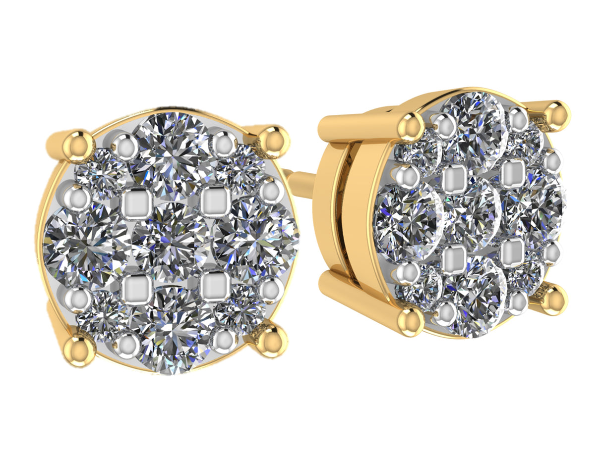 Diamond Stud Earrings CVD Lab Grown Diamonds solid 14K post & Silver basket, 7 or 9 Stone Cluster