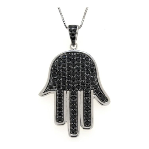 Central Diamond Center Simulated Diamonds Halo Hamsa Pendant Sterling Silver and box chain