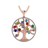 Mothers Tree of Life Birthstone Necklace w/ 1-13 Simulated Gemstones & CZ Bezel in Silver, 10K, 14K Gold