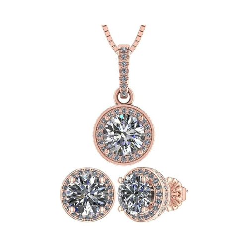 Central Diamond Center Round Halo Earring & Necklace Set w/ 6.5mm Simulated Birthstones in 925 Sterling Silver, Hypoallergenic