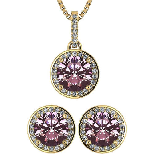 Central Diamond Center Round Halo Earring & Necklace Set w/ 6.5mm Simulated Birthstones in 925 Sterling Silver, Hypoallergenic