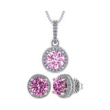 Central Diamond Center Round Halo Earring & Necklace Set w/ 6.5mm Simulated Birthstones in 925 Sterling Silver, Hypoallergenic
