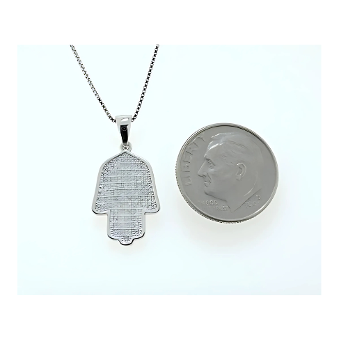 Close-up of the halo hamsa pendant with simulated diamonds.