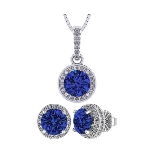 Central Diamond Center Round Halo Earring & Necklace Set w/ 6.5mm Simulated Birthstones in 925 Sterling Silver, Hypoallergenic