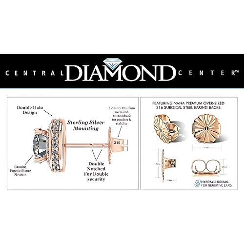 Central Diamond Center Round Halo Earring & Necklace Set w/ 6.5mm Simulated Birthstones in 925 Sterling Silver, Hypoallergenic