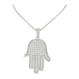 Central Diamond Center Simulated Diamonds Halo Hamsa Pendant Sterling Silver and box chain