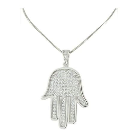 Central Diamond Center Simulated Diamonds Halo Hamsa Pendant Sterling Silver and box chain