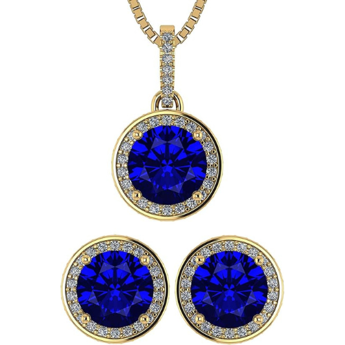 Central Diamond Center Round Halo Earring & Necklace Set w/ 6.5mm Simulated Birthstones in 925 Sterling Silver, Hypoallergenic