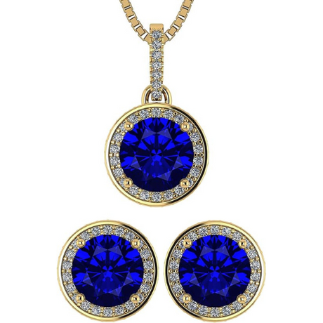 Central Diamond Center Round Halo Earring & Necklace Set w/ 6.5mm Simulated Birthstones in 925 Sterling Silver, Hypoallergenic