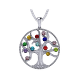 Mothers Tree of Life Birthstone Necklace w/ 1-13 Simulated Gemstones & CZ Bezel in Silver, 10K, 14K Gold