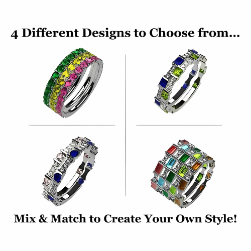 Central Diamond Center Baguette Stackable Birthstone Ring Band w/ Simulated Birthstones, Sterling Silver