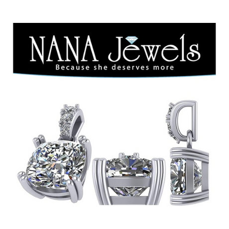 NANA Jewels Cushion Cut CZ Simulated Diamond Solitaire Necklace Sterling Silver 7-8mm Cubic Zirconia, 2.00ct & 3.00ct