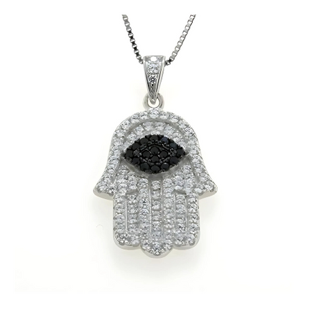 Central Diamond Center Simulated Diamonds Halo Hamsa Pendant Sterling Silver and box chain
