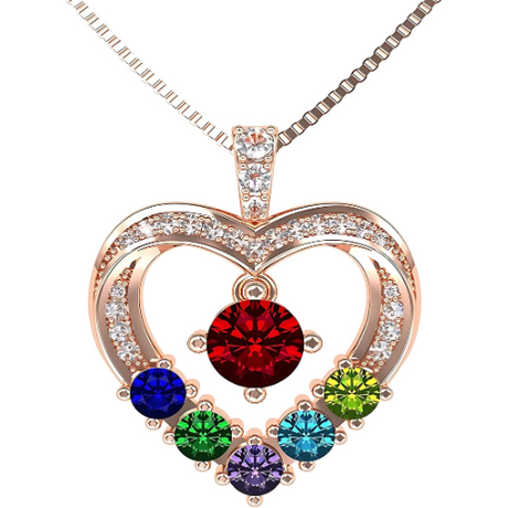 Central Diamond Center Mother & Child Heart Birthstone Necklace w/ 1-6 Simulated Gemstones in Sterling Silver, 10K, or 14K Gold