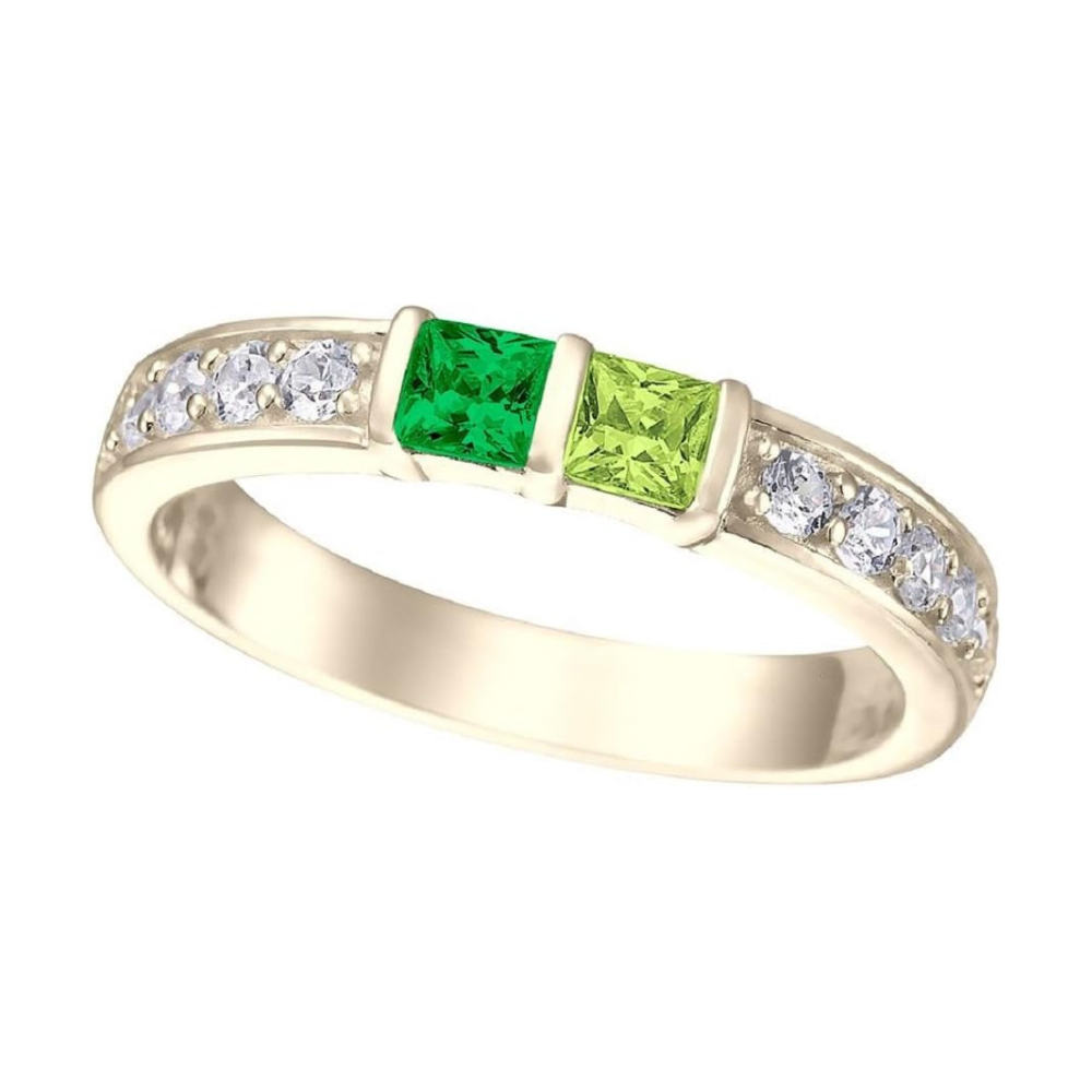 Central Diamond Center Princess w/ Side CZ Couples 2 Stone Ring w/ Simulated Birthstones in Silver 10K or 14K Gold