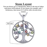 Mothers Tree of Life Birthstone Necklace w/ 1-13 Simulated Gemstones & CZ Bezel in Silver, 10K, 14K Gold