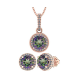 Central Diamond Center Round Halo Earring & Necklace Set w/ 6.5mm Simulated Birthstones in 925 Sterling Silver, Hypoallergenic